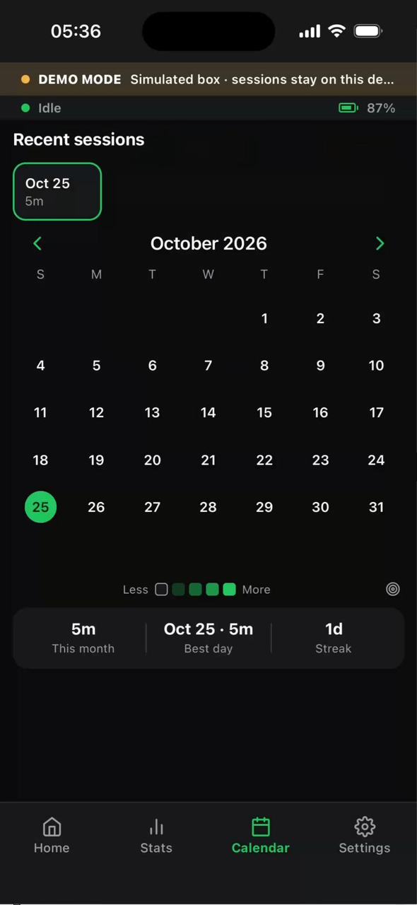 Phone Box app: Calendar and recent sessions