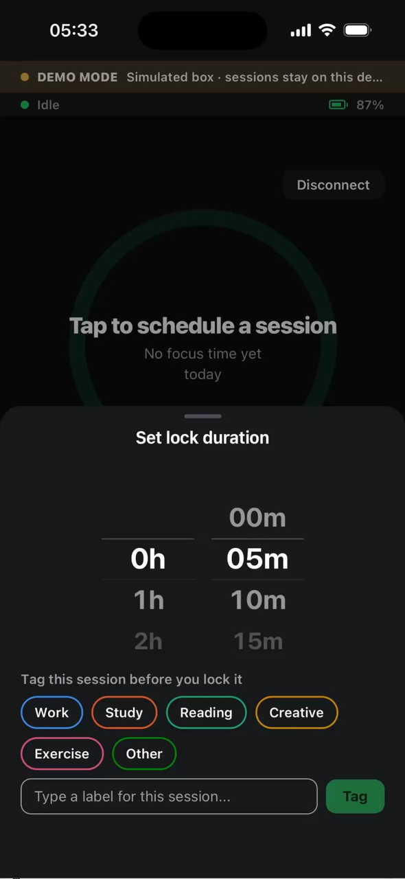 Phone Box app: Set duration and tag