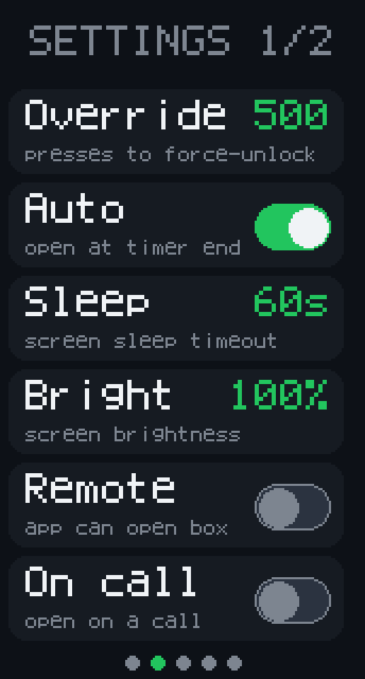 Phone Box screen: Settings 1 of 2